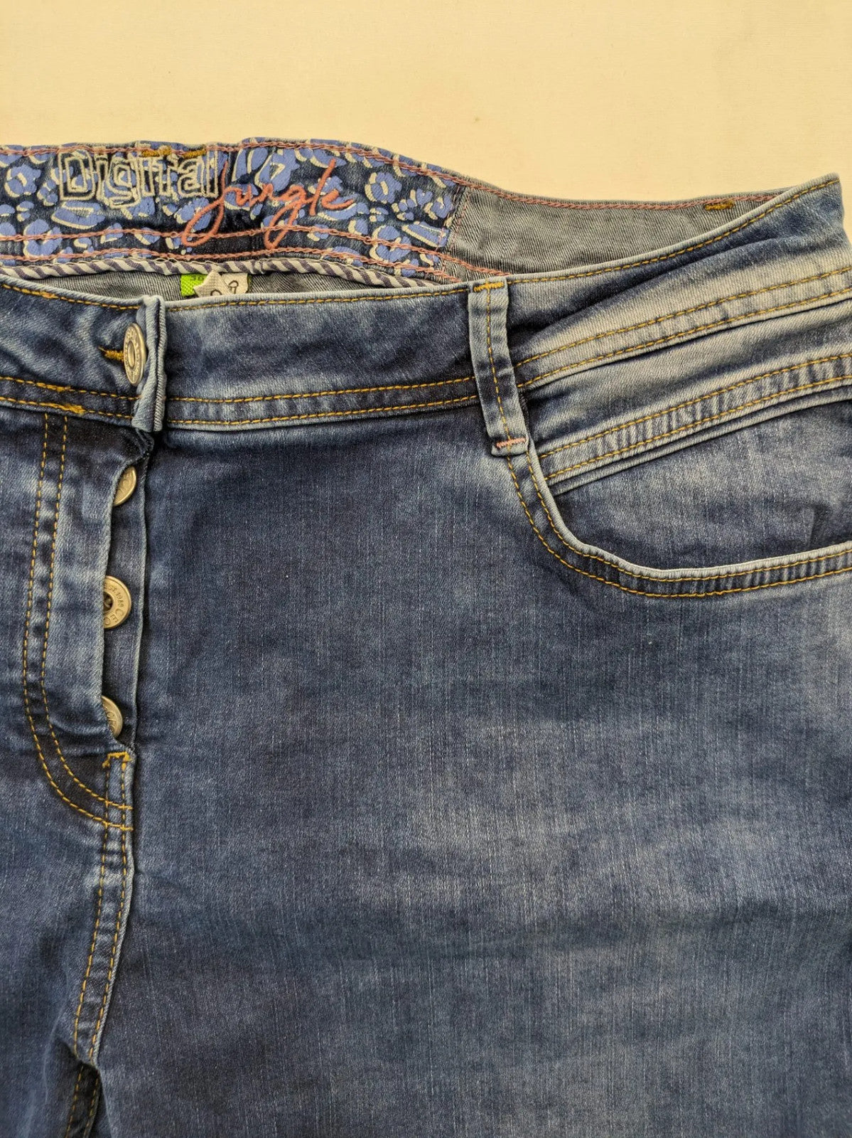 Cecil straight jeans blue patchwork design with classic button fly and stretch denim.