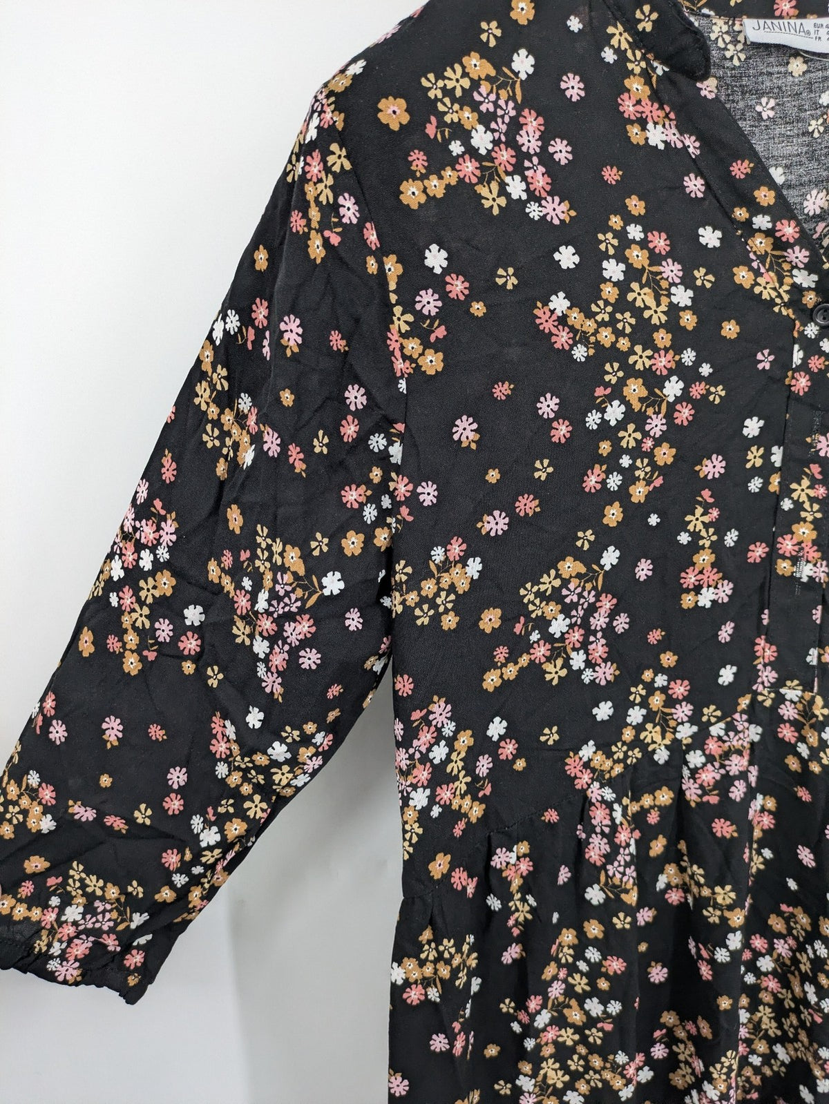 Janina women's A-line dress multi floral print on black, V-neck, 3/4 sleeves, lightweight viscose.
