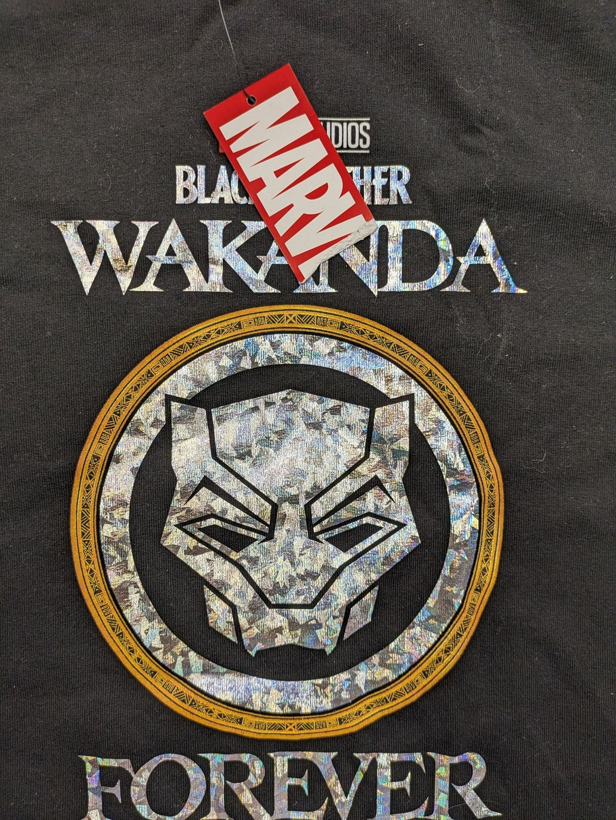 Black Panther black t-shirt foil graphic of Black Panther emblem and text.