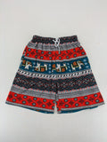 Elefanten multi shorts featuring vibrant elephant and geometric patterns with elastic waistband.
