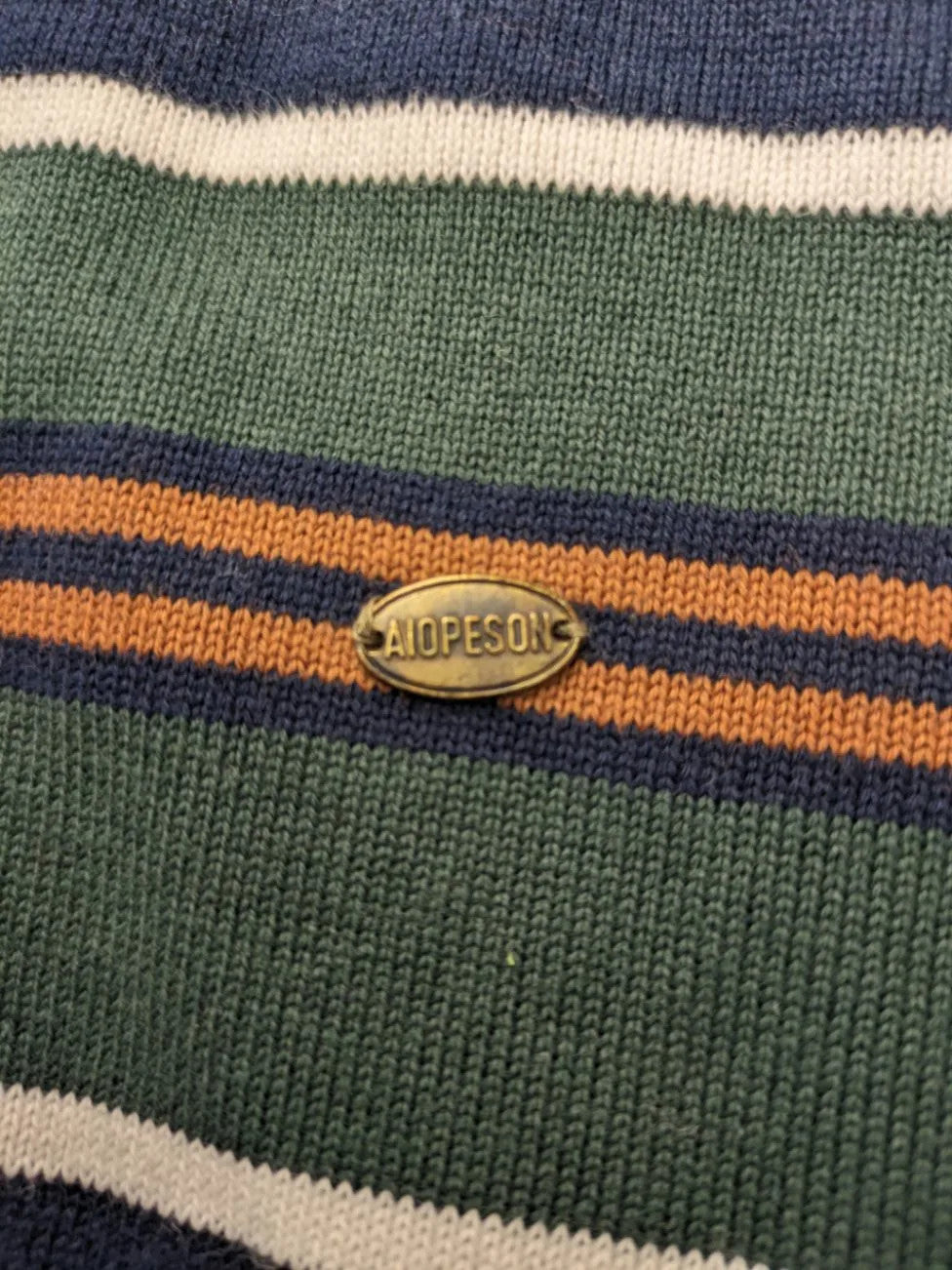 Aiopeson orange turtle neck jumper with striped pattern in navy and white, cotton blend.
