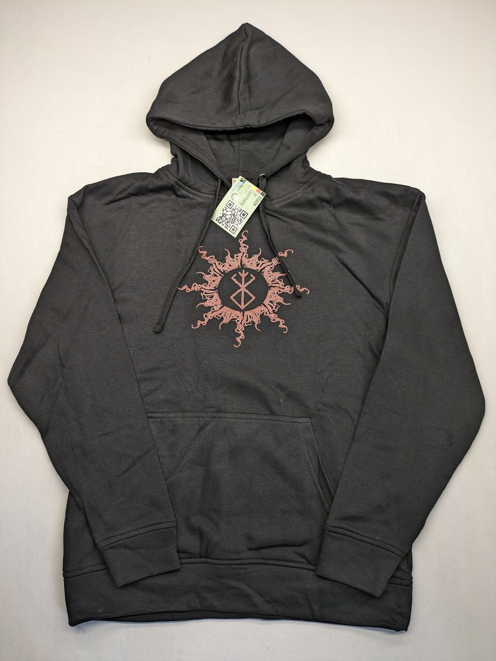 Berserk grey hoodie with pink "Brand of Sacrifice" symbol on front and back.