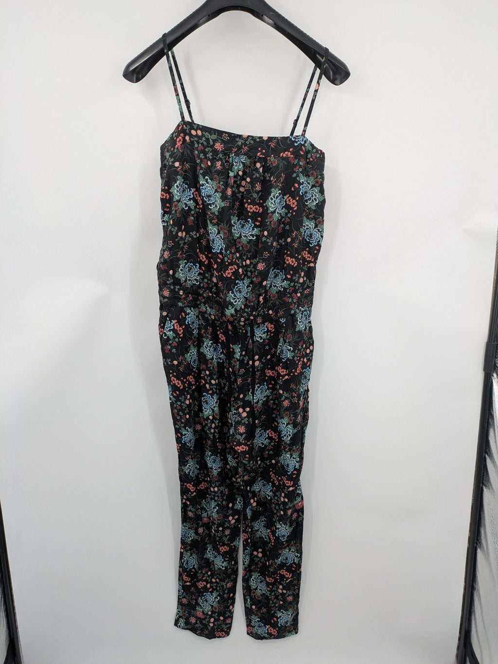 edc multi jumpsuit floral pattern sleeveless with smocked waist and spaghetti straps
