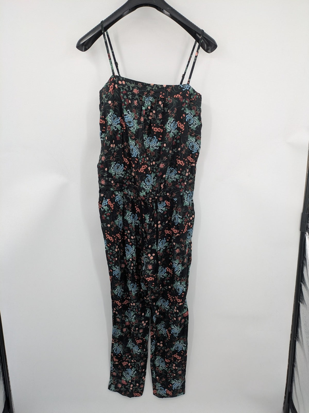 edc multi jumpsuit floral pattern sleeveless with smocked waist and spaghetti straps