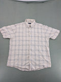 Ken Baker short-sleeve button-down shirt beige blue check pattern with single chest pocket.