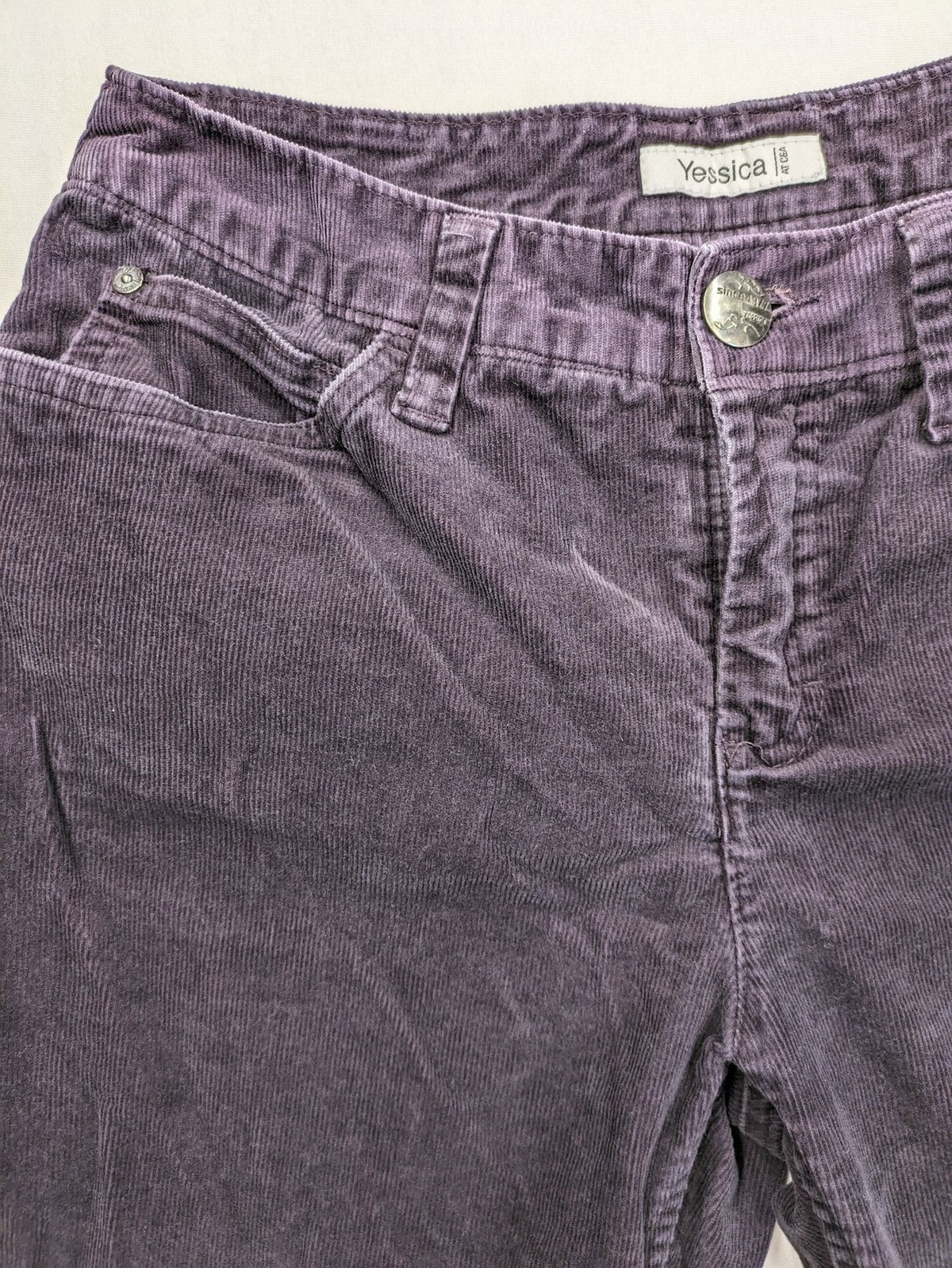 Yessica purple pants classic straight leg five-pocket style soft cotton blend