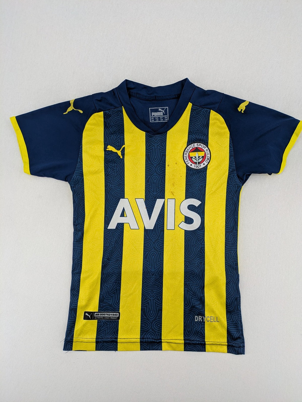 Puma Fenerbahçe kids jersey navy yellow with striped pattern and embroidered club logo.