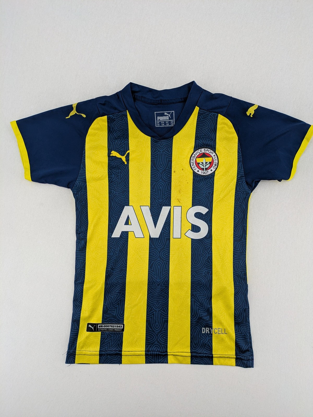 Puma Fenerbahçe kids jersey navy yellow with striped pattern and embroidered club logo.