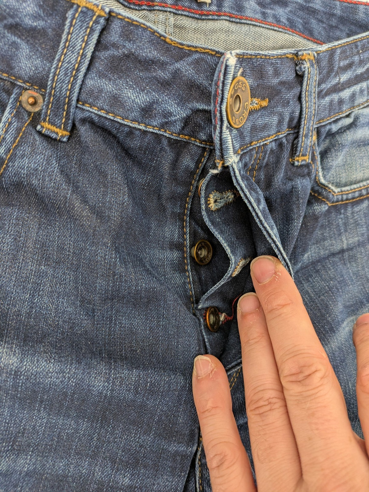 W32 blue straight jeans with classic 5-pocket design and dark wash denim.