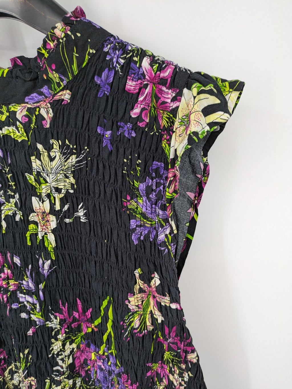 Bridal Party Dress multi floral pattern black background smocked bodice with stand-up collar