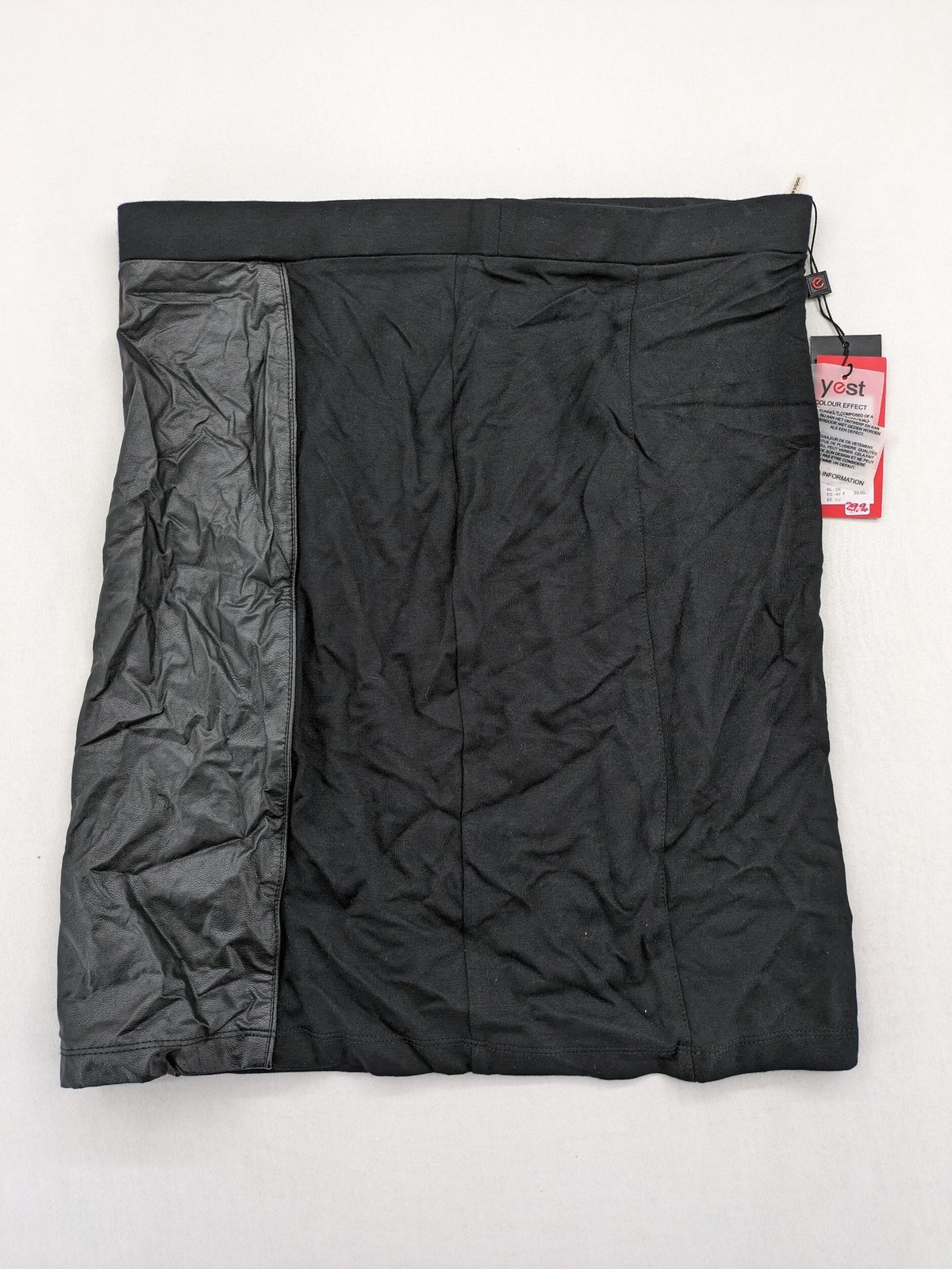 Yest black long skirt with grey faux leather panel and stretchy fabric.