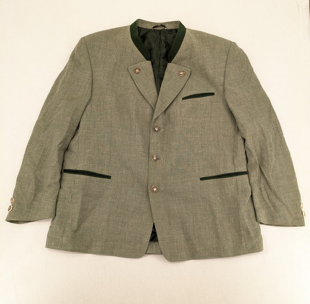 Traunsee Trachten green jacket with standing collar, decorative buttons, and premium wool-linen blend.