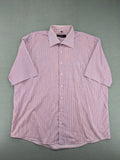 Ken Baker pink short sleeve shirt multicolored striped pattern with chest pocket and classic collar.