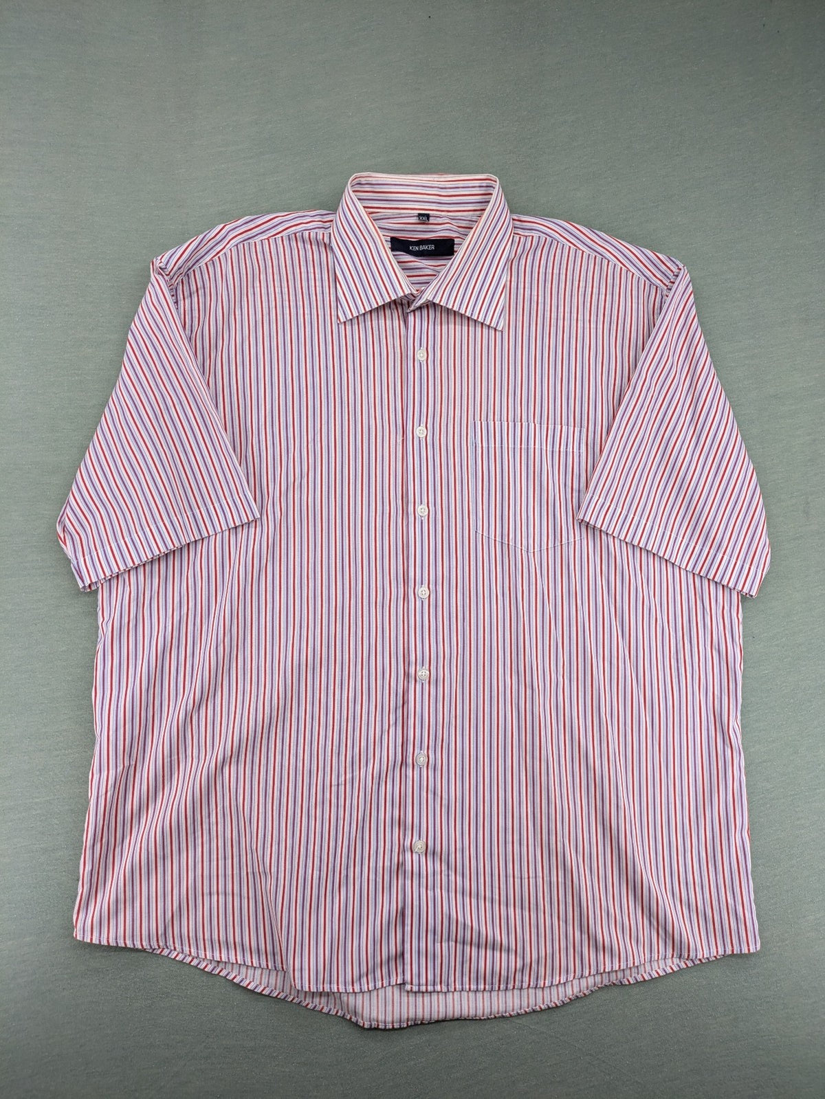 Ken Baker pink short sleeve shirt multicolored striped pattern with chest pocket and classic collar.