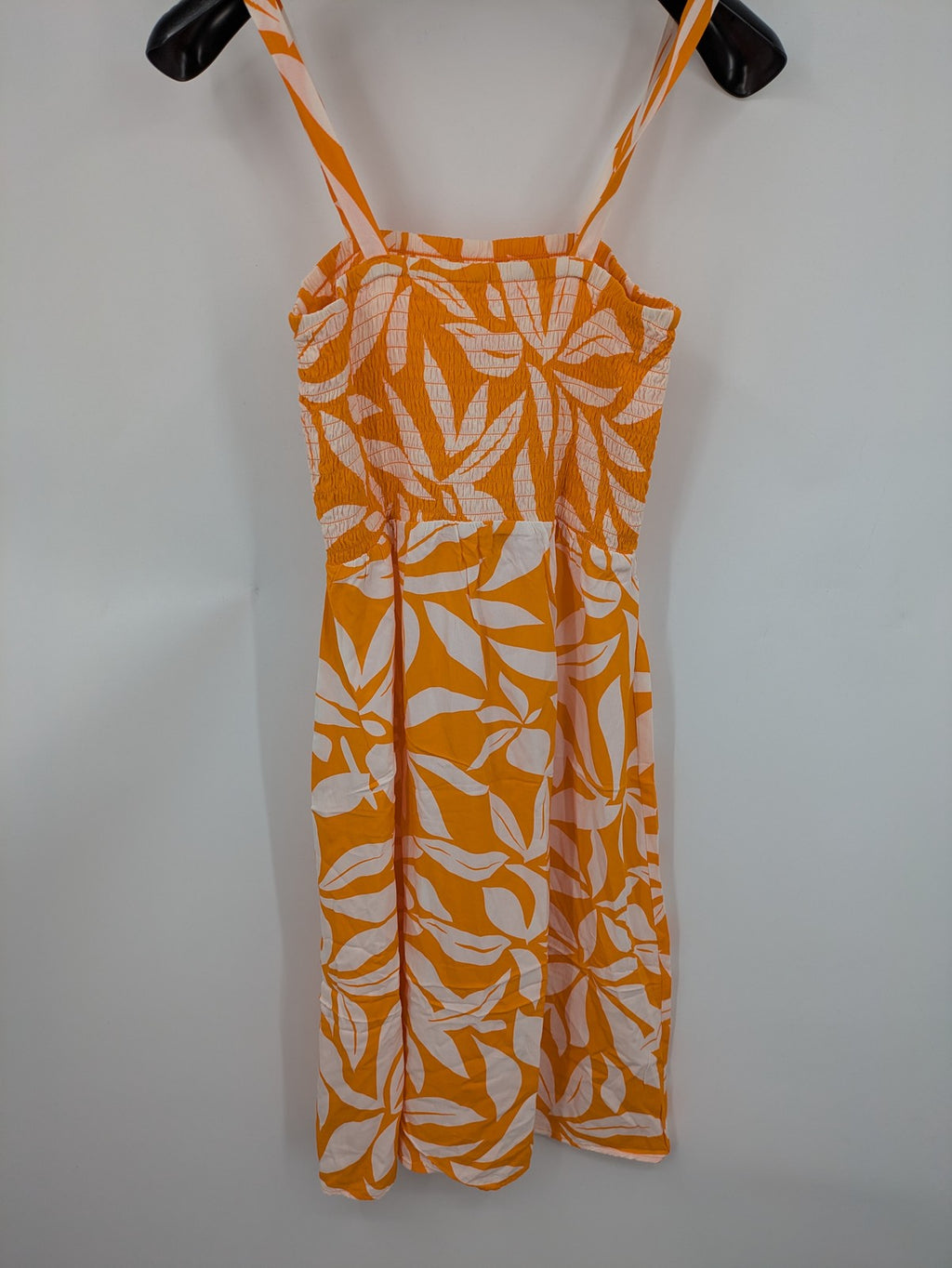 up2 fashion orange summer dress floral print smocked bodice 100% viscose