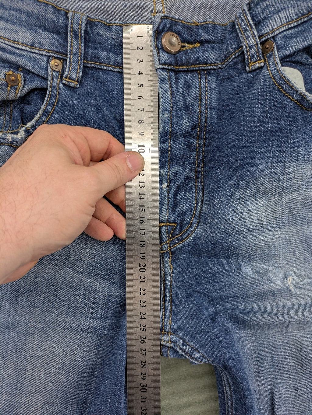 Pull & Bear blue distressed ripped straight jeans with button fly and classic wash.