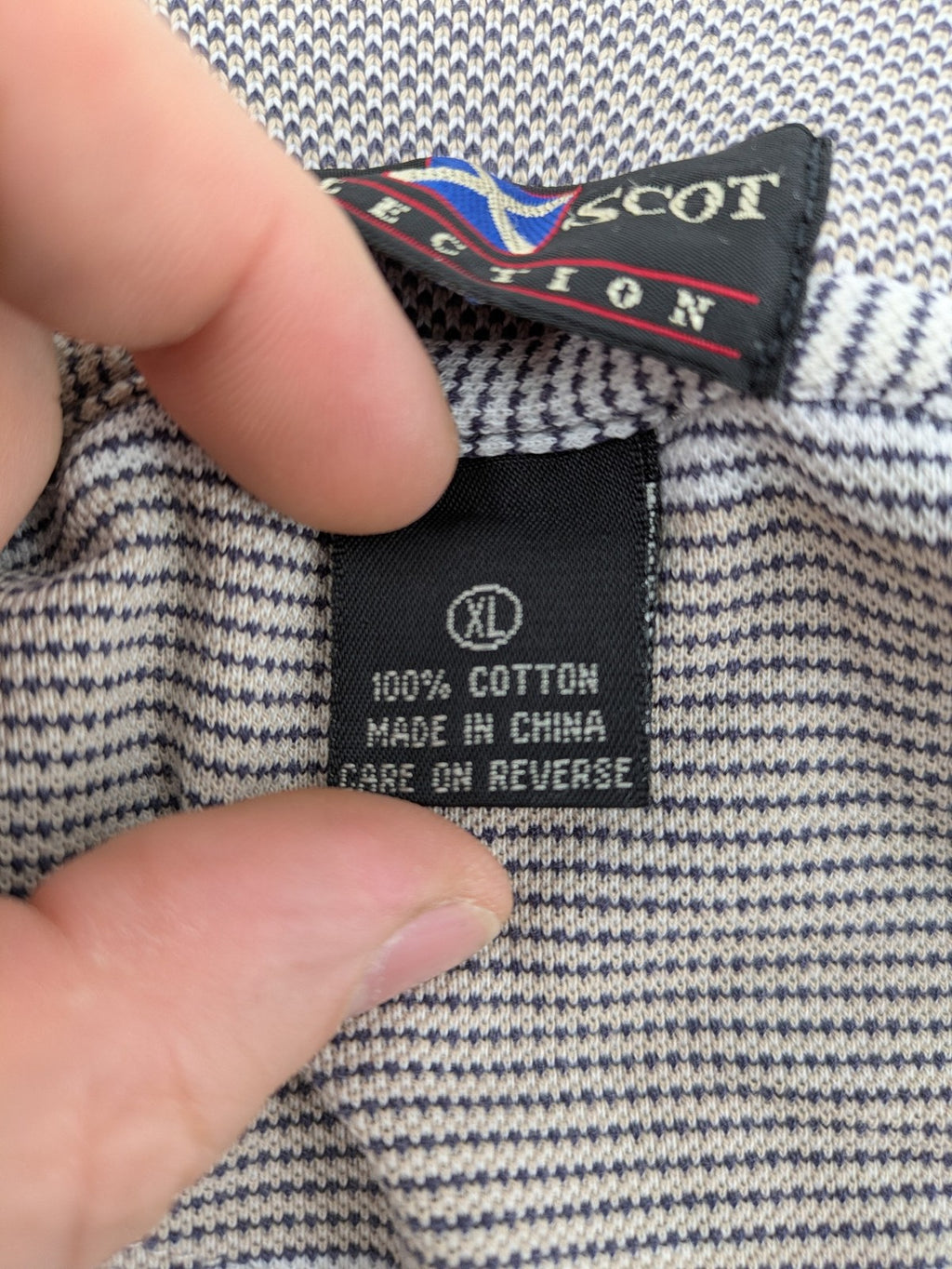 Mark Scot Collection grey and tan striped polo shirt with classic collar and logo.