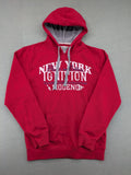 Sparks red zip-through hoodie with New York graphic print and grey hood.