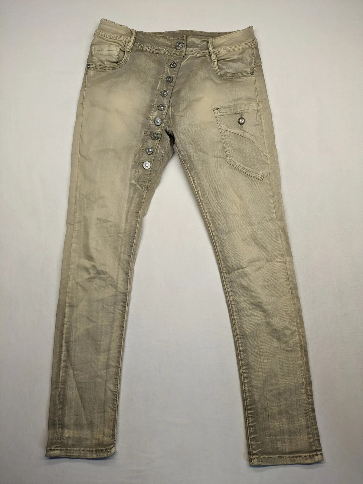 Mozaar beige straight jeans with unique asymmetrical button placket and practical pockets.