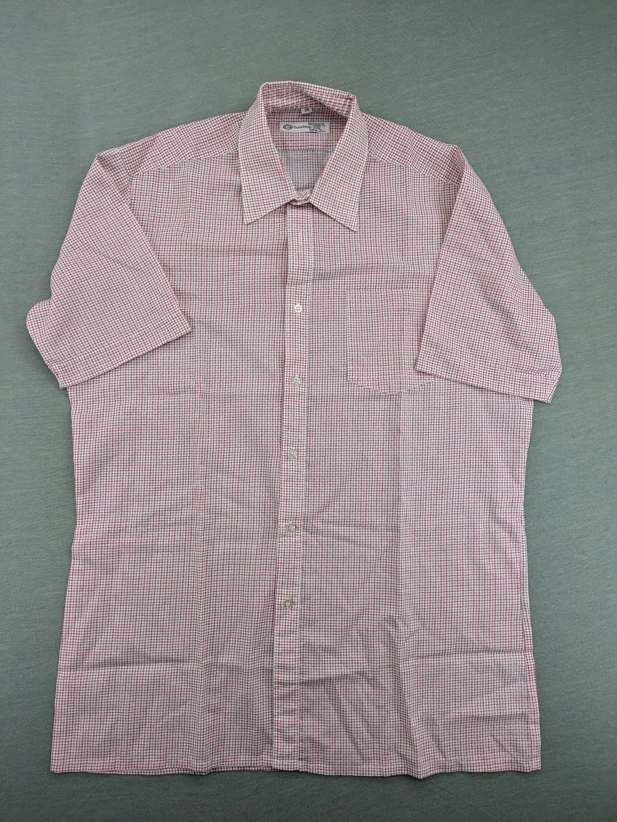 C&A short-sleeve shirt pink white checkered pattern, single chest pocket, polyester cotton blend.