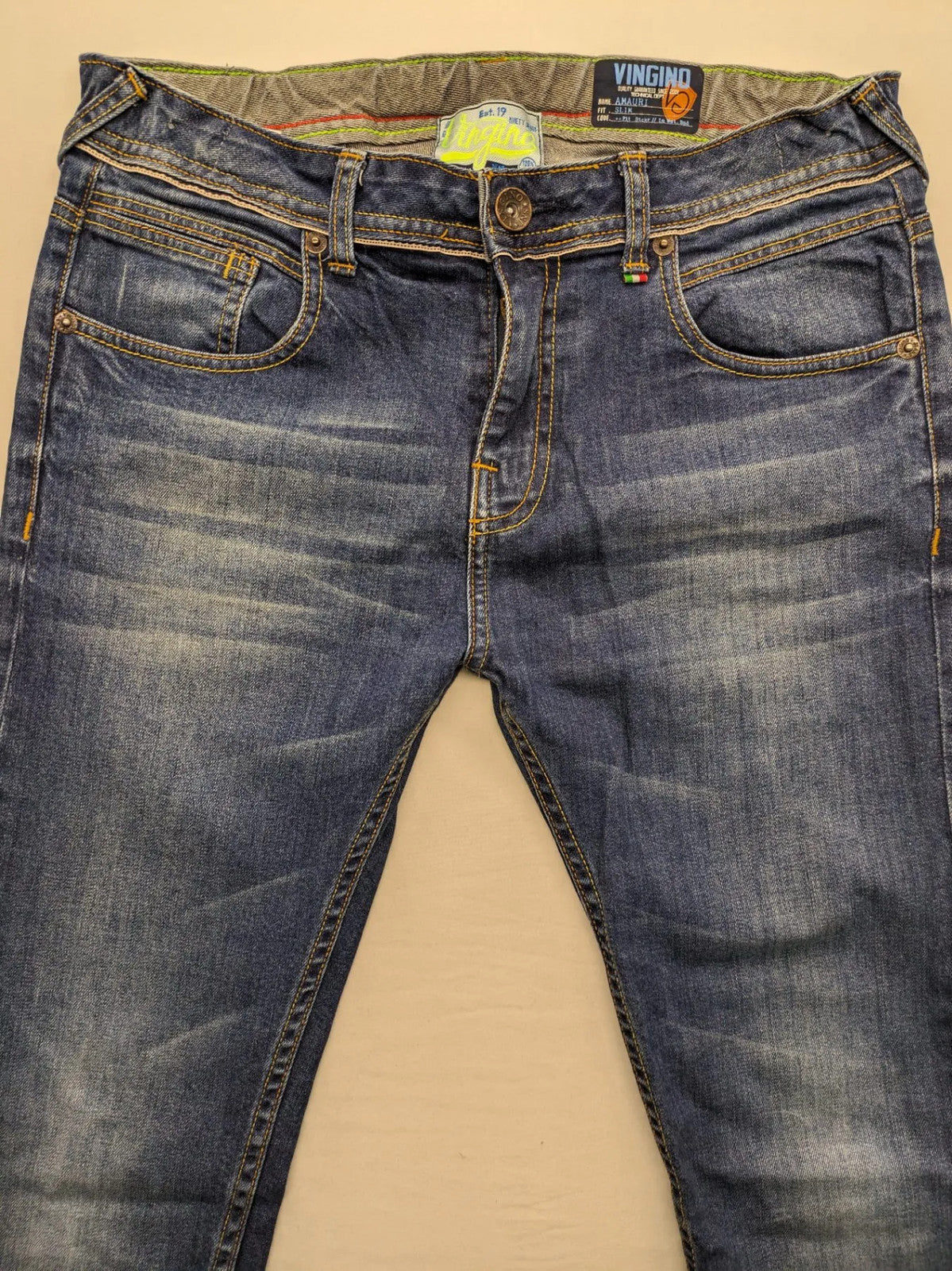 Vingino blue straight jeans medium wash 5-pocket design with zipper fly and stretch denim.