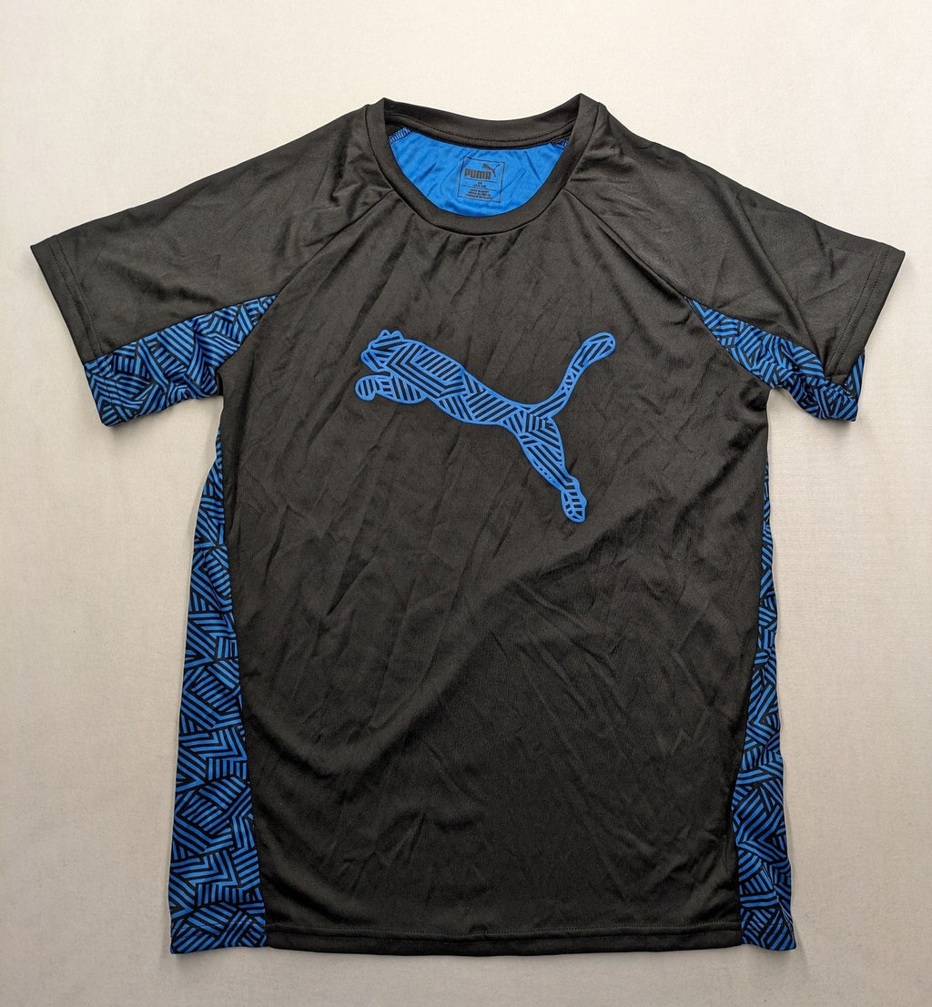 Puma black performance T-shirt with blue geometric side panels and iconic logo.