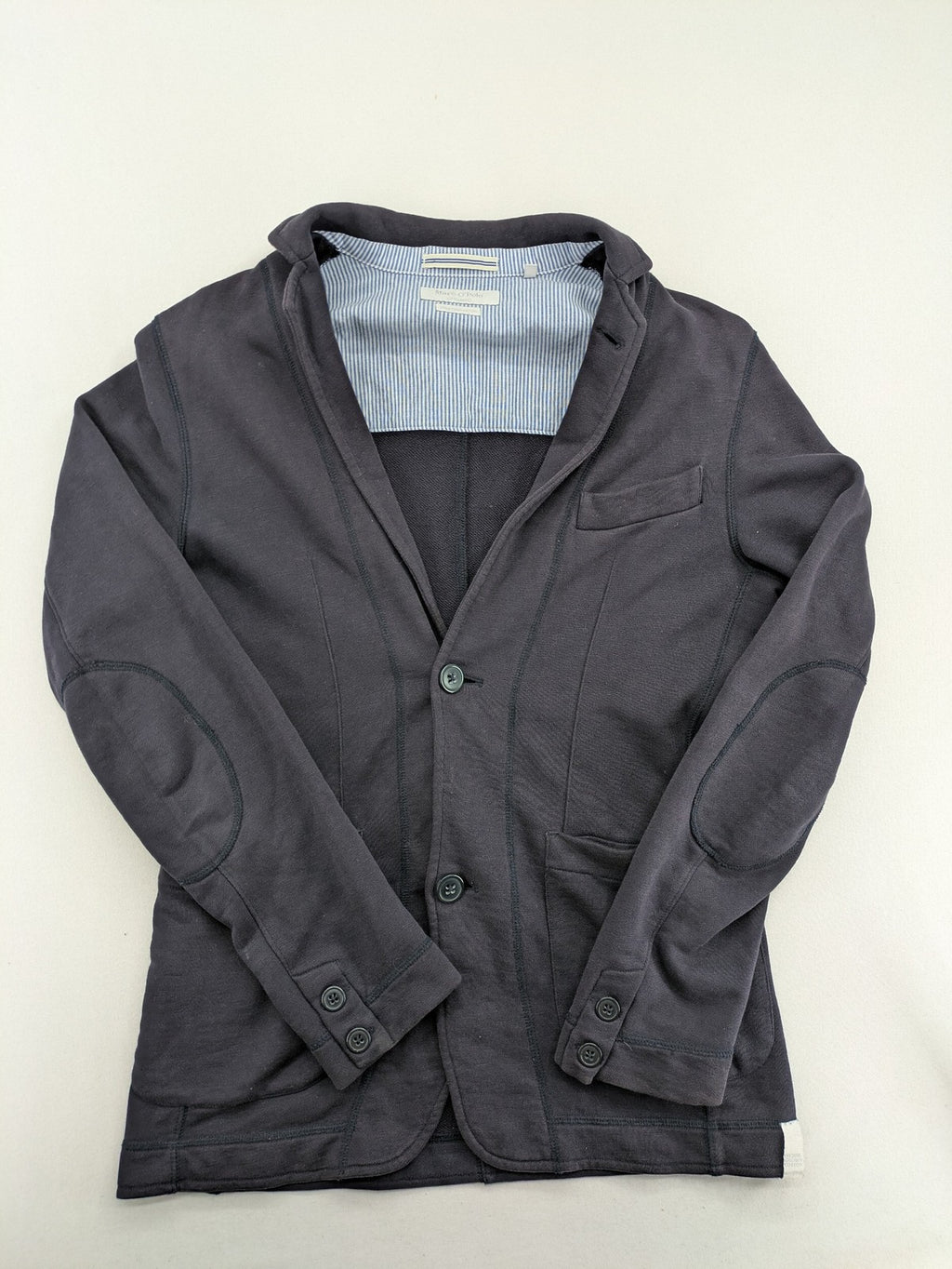 Marc O'Polo grey sweatblazer jacket, structured organic cotton, elbow patches, striped inner lining.