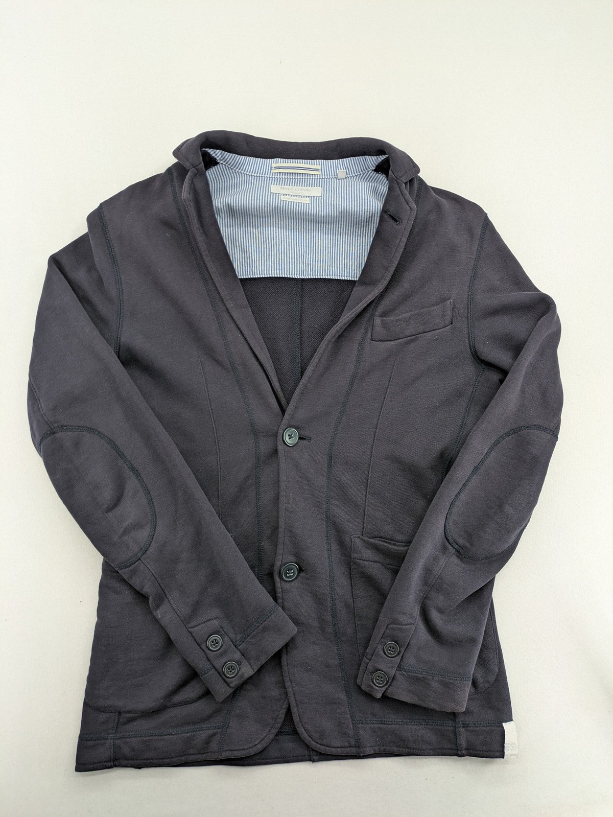 Marc O'Polo grey sweatblazer jacket, structured organic cotton, elbow patches, striped inner lining.