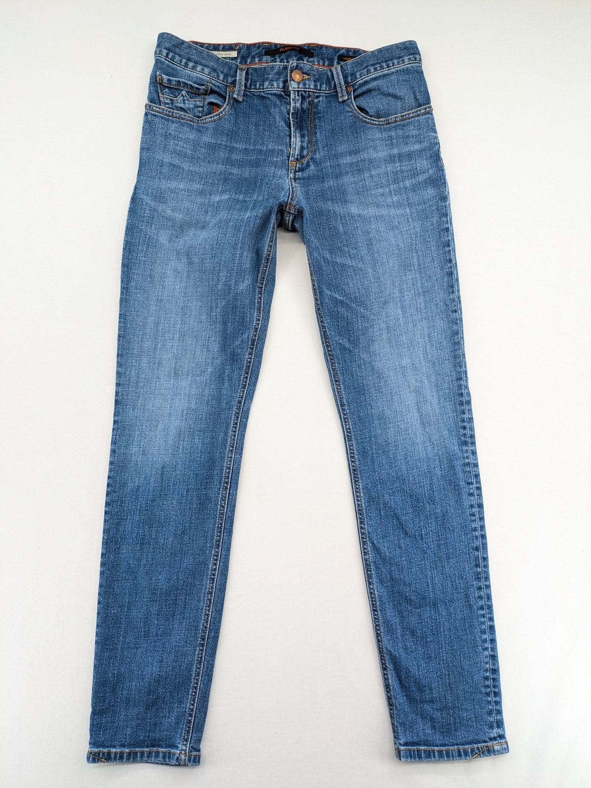 ALBERTO blue straight jeans with orange stitching, vintage denim, regular slim fit.