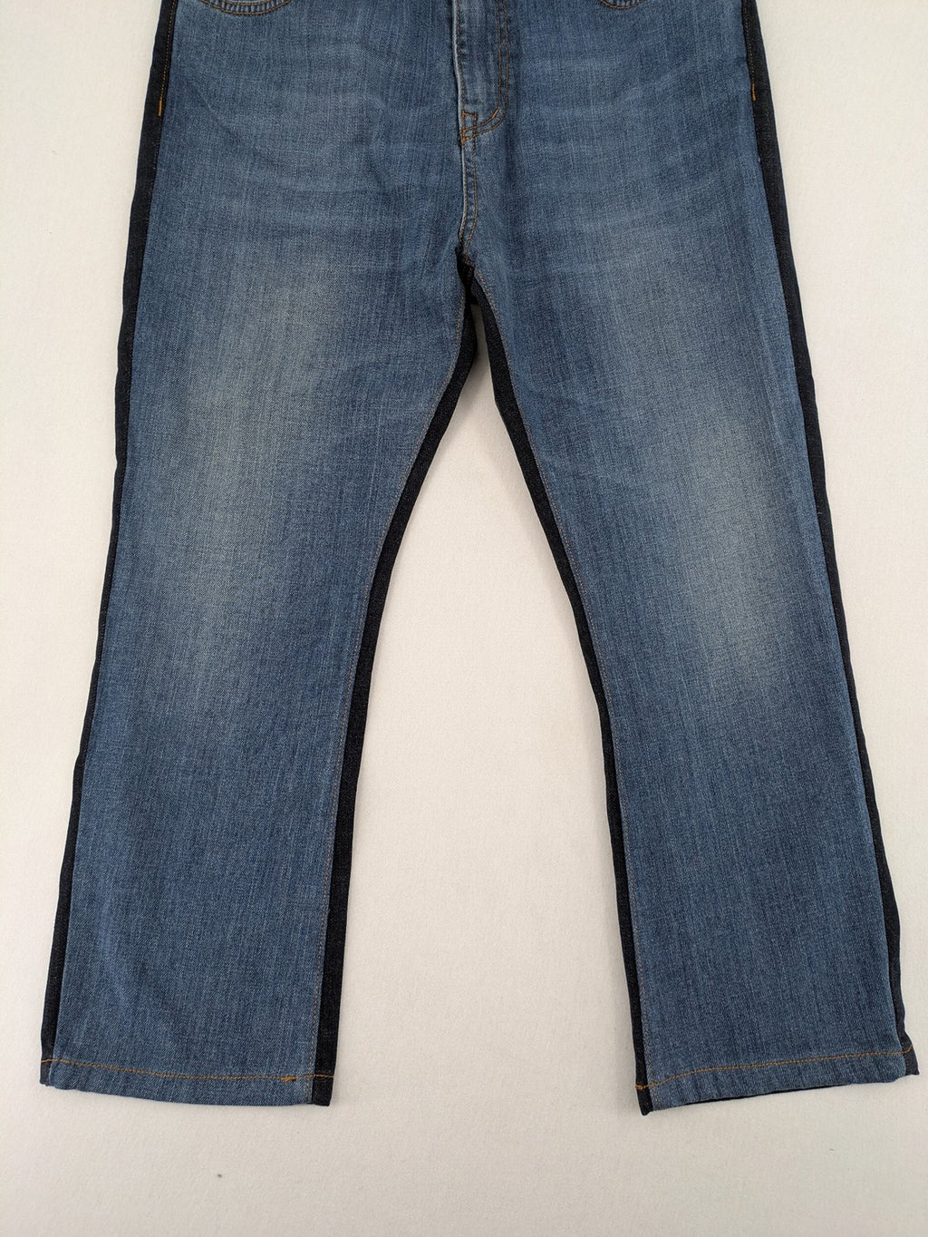 Funky Staff two-tone straight jeans black and blue, colorblock design, embroidered logo on back pocket.