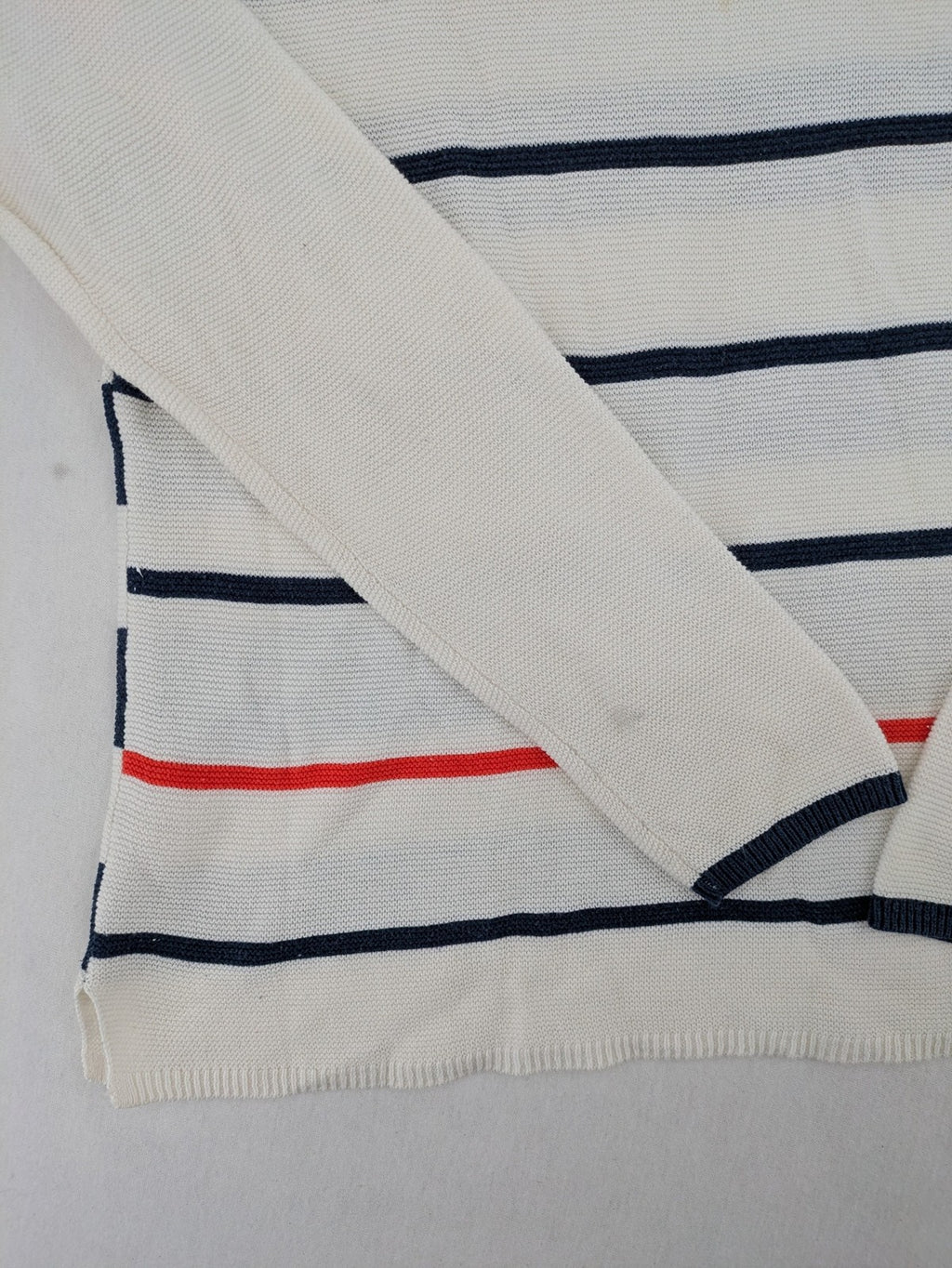 Tom Tailor cream turtle neck jumper with navy stripes and red accent, featuring anchor embroidery.