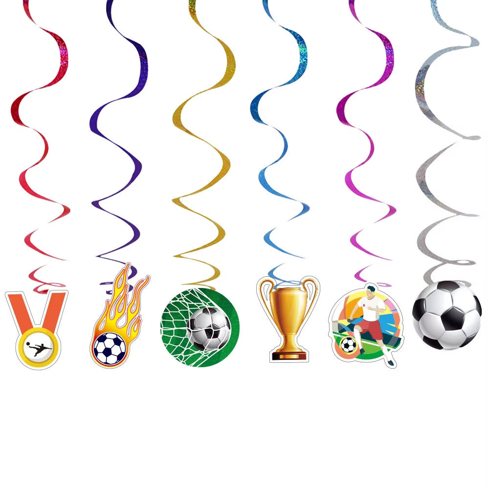 XXL blue, red, yellow football birthday decoration set with balloons and banners.