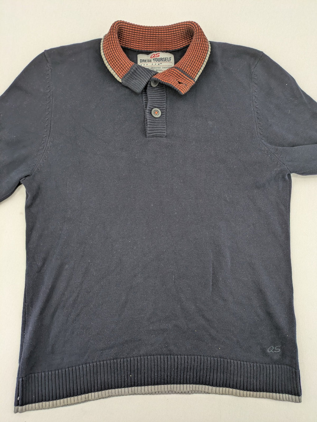 QS Dress Yourself orange and grey contrast collar dark blue turtle neck jumper