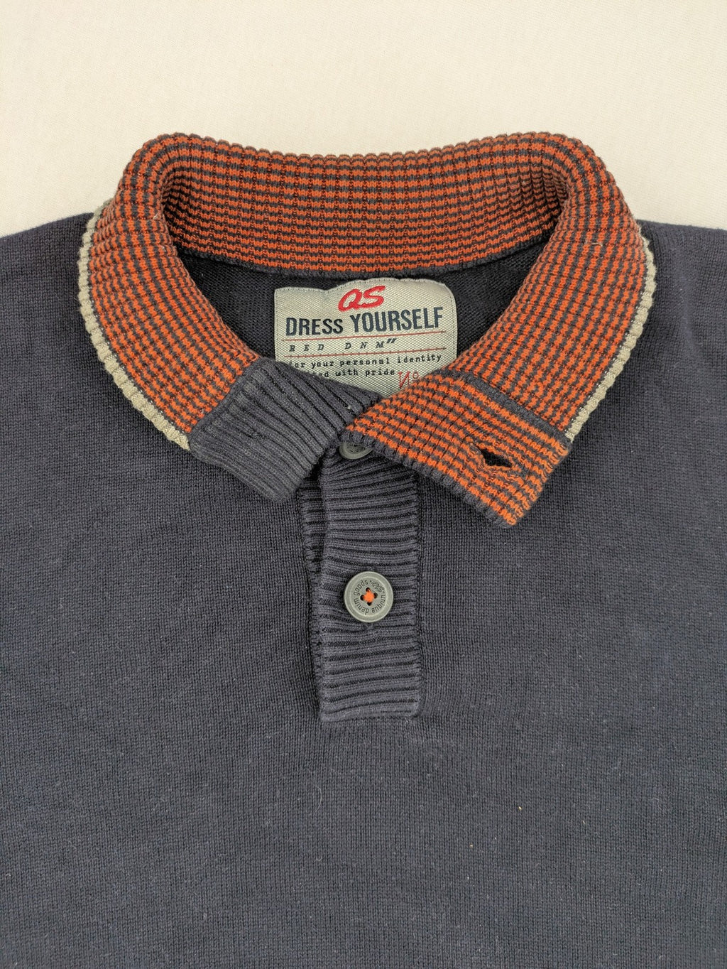 QS Dress Yourself orange and grey contrast collar dark blue turtle neck jumper