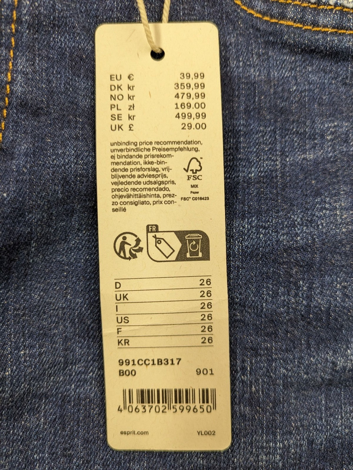 Esprit blue skinny cropped jeans, medium rise, classic 5-pocket design, high-quality denim.