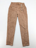 TREDY brown high-waist pants with decorative button placket and elastic waistband, soft knit texture.