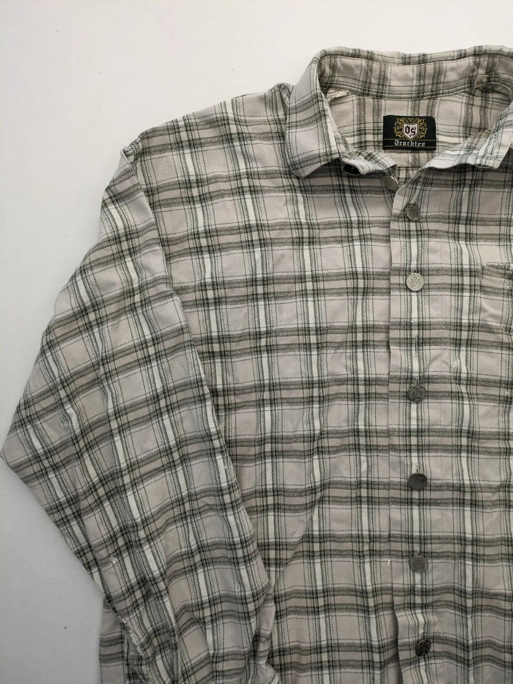 OS Trachten beige green checkered long sleeve shirt with button-up front and chest pocket.