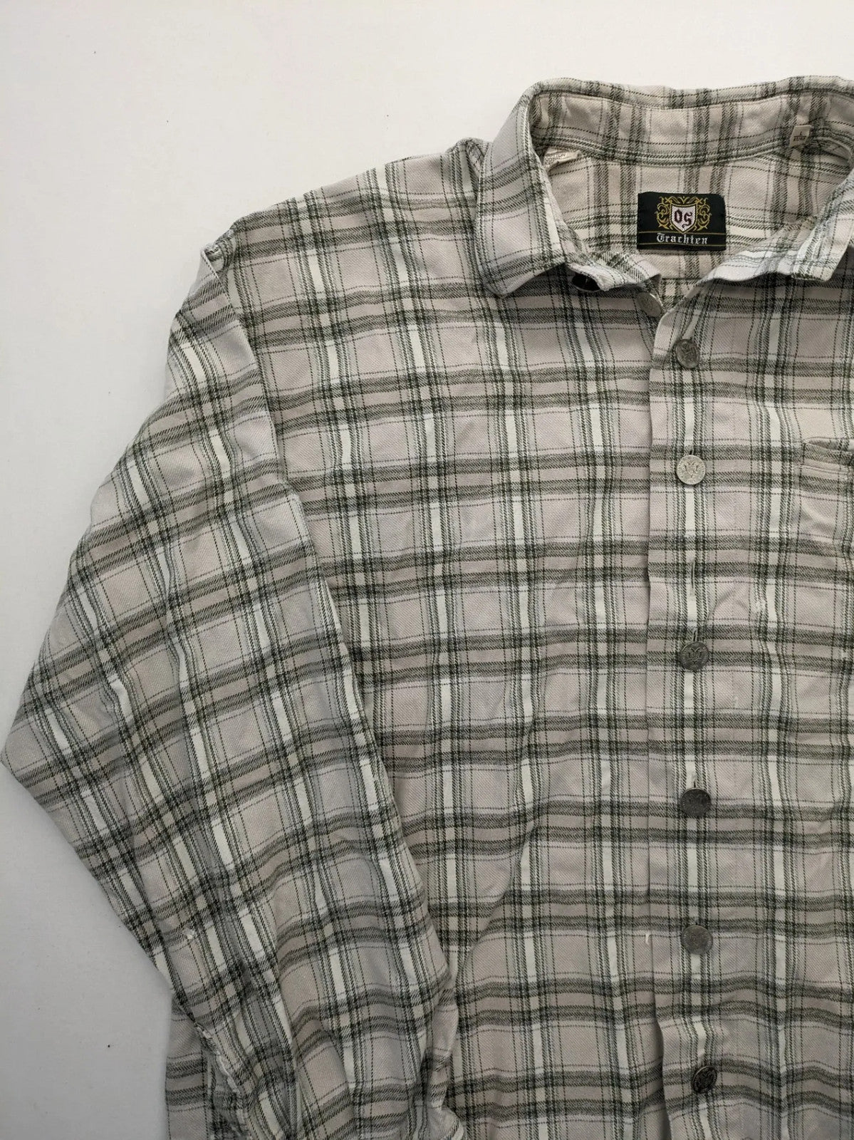 OS Trachten beige green checkered long sleeve shirt with button-up front and chest pocket.