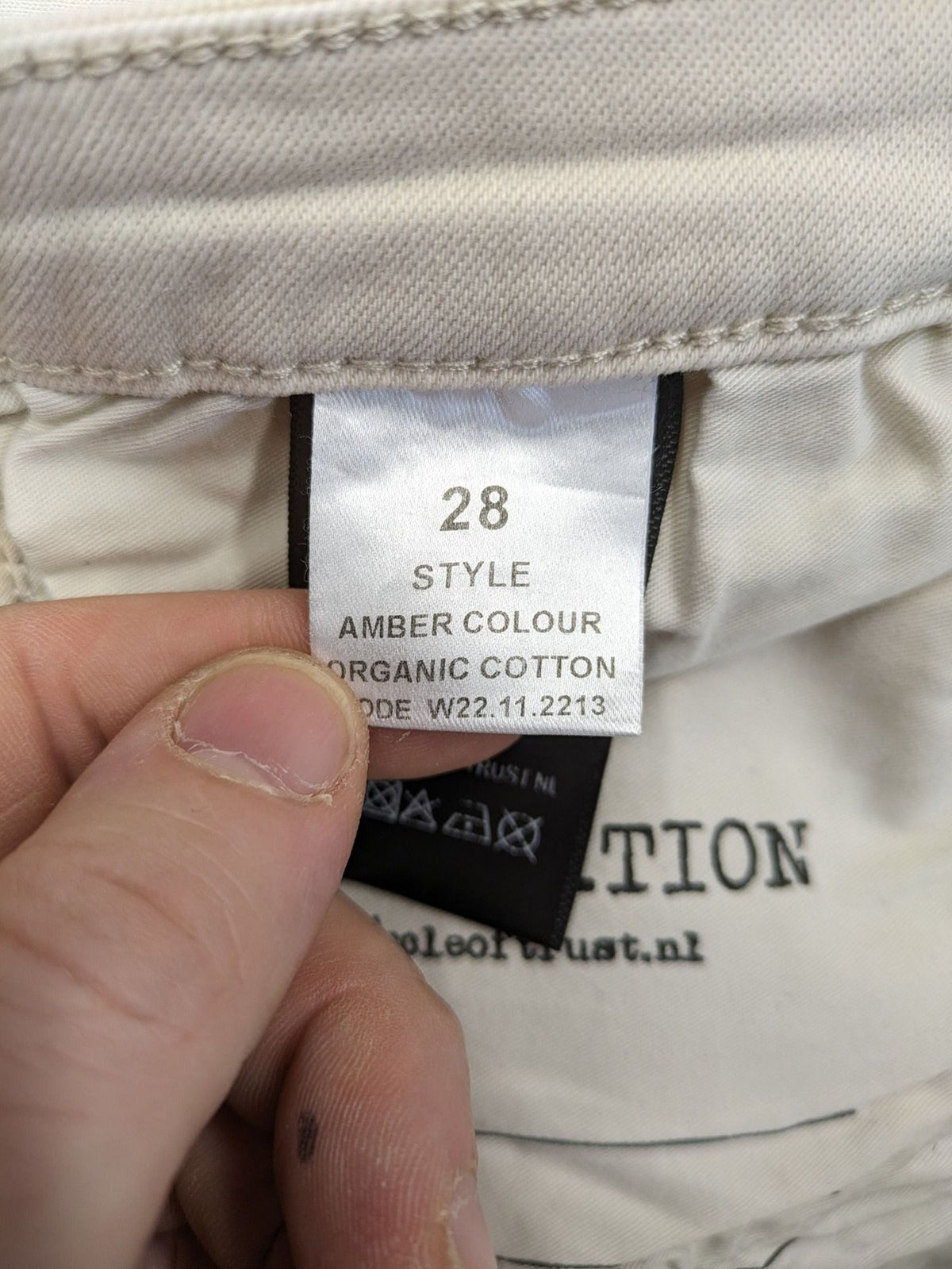 Circle Of Trust beige straight jeans with elastic waistband, drawstring, and classic 5-pocket design.