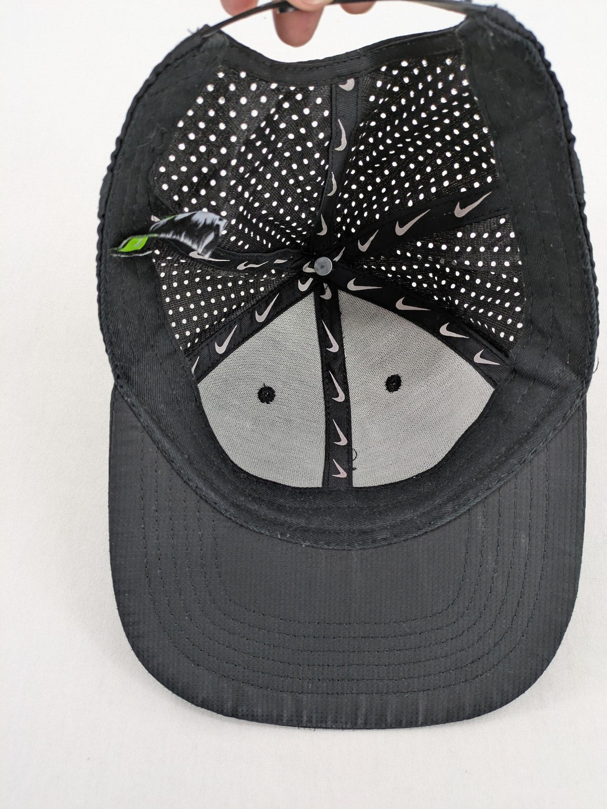 Nike Heritage86 black snapback cap with perforated design and prominent Swoosh logo.