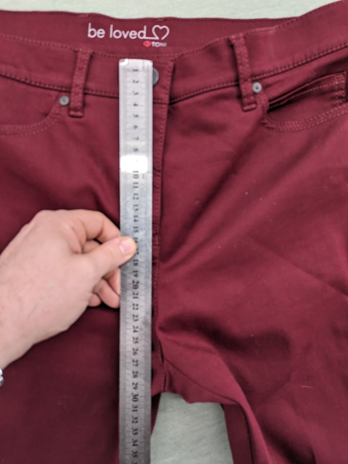 TONI burgundy straight jeans CS-Slim-Fit with subtle rhinestone detail on pocket.