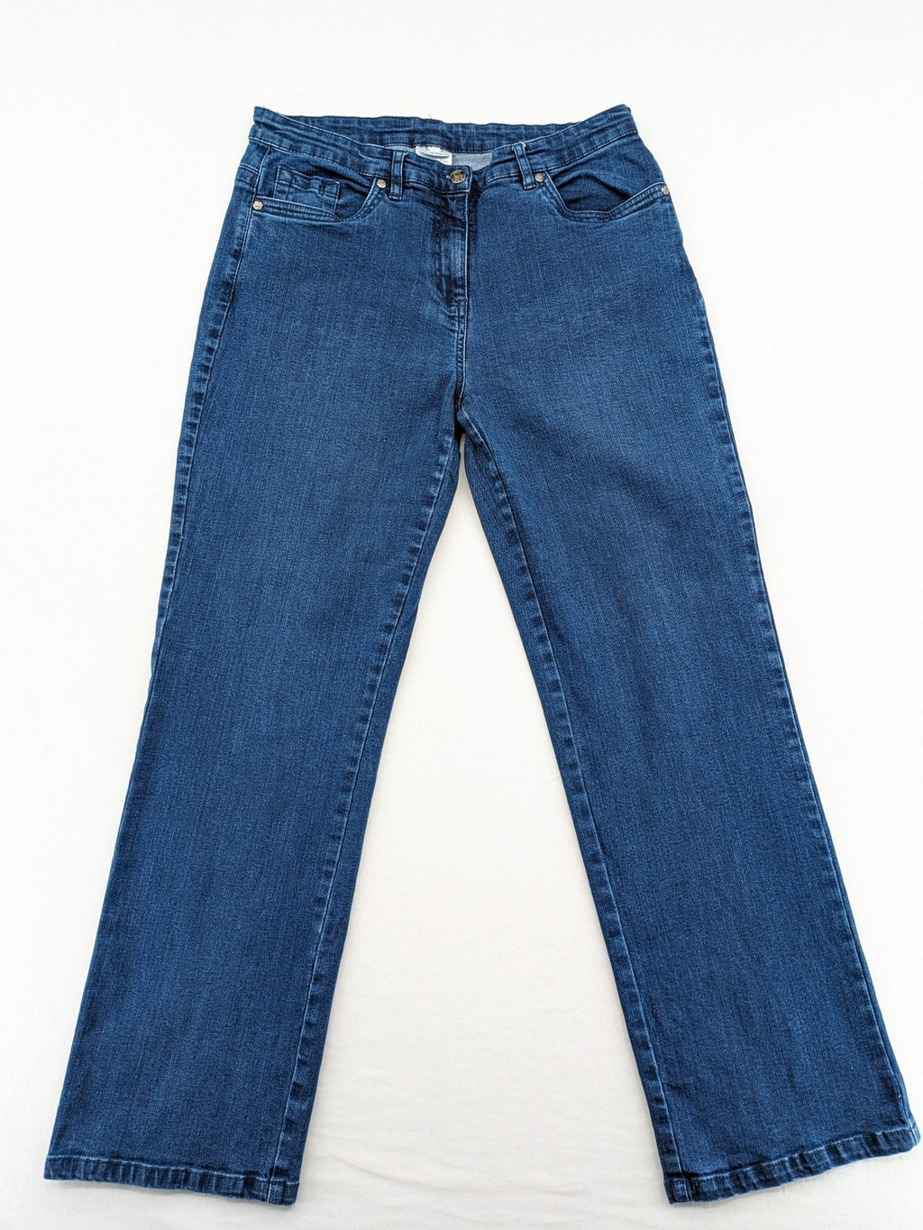 Damen blue straight jeans with embellished back pockets, cotton-elastane blend, mid-rise.