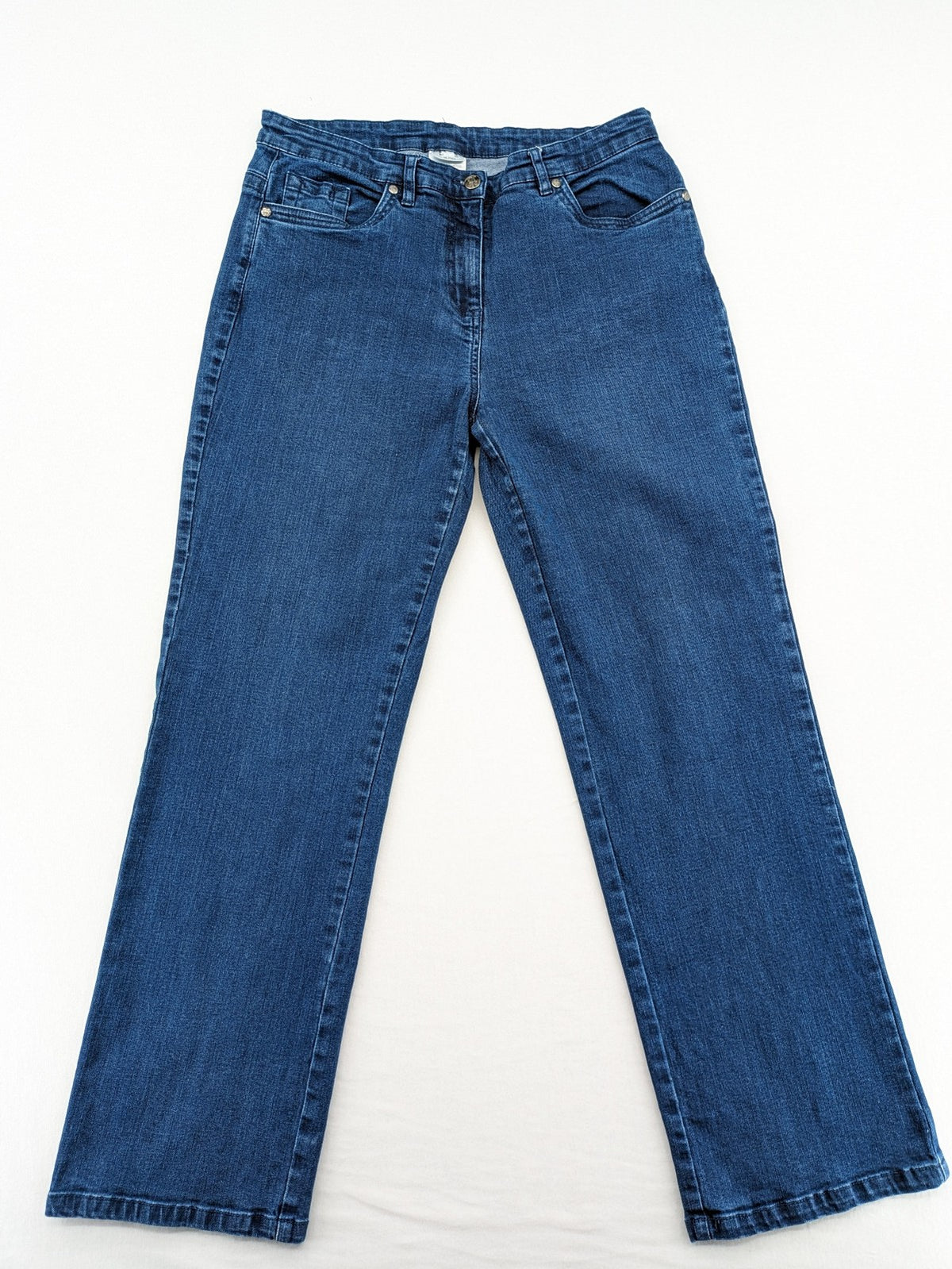 Damen blue straight jeans with embellished back pockets, cotton-elastane blend, mid-rise.