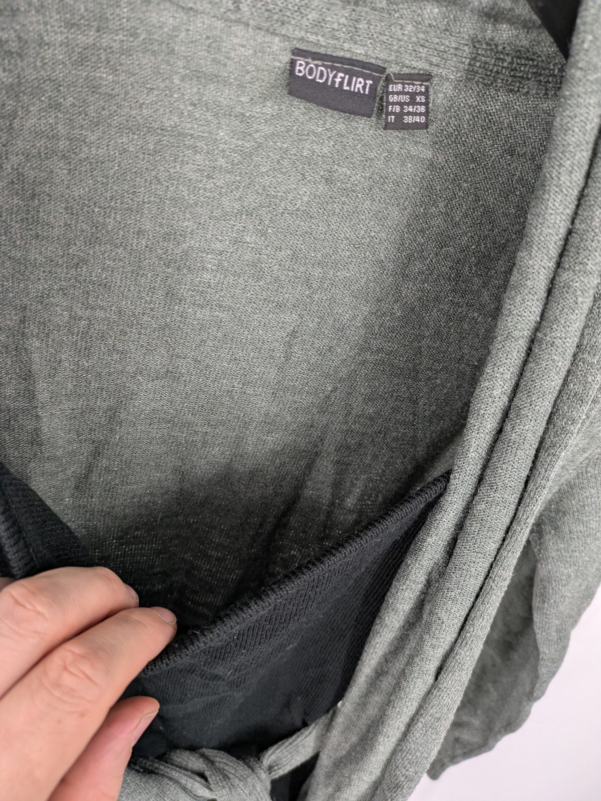 Bodyflirt grey cardigan with black top, open front, soft knit, waterfall collar.