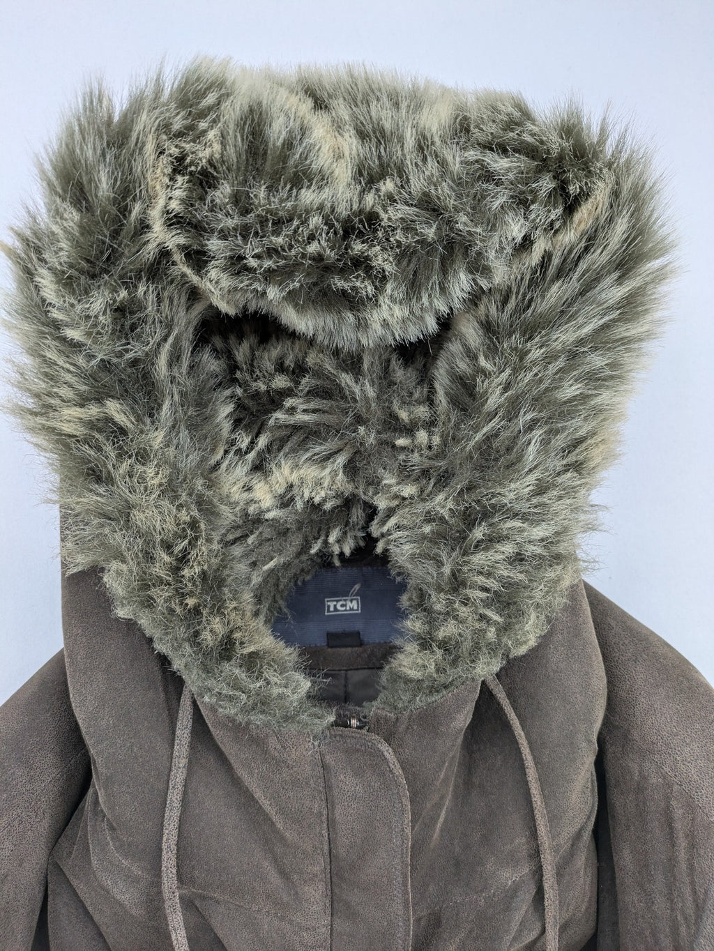 tcm brown suede parka coat with faux fur hood and fully lined interior