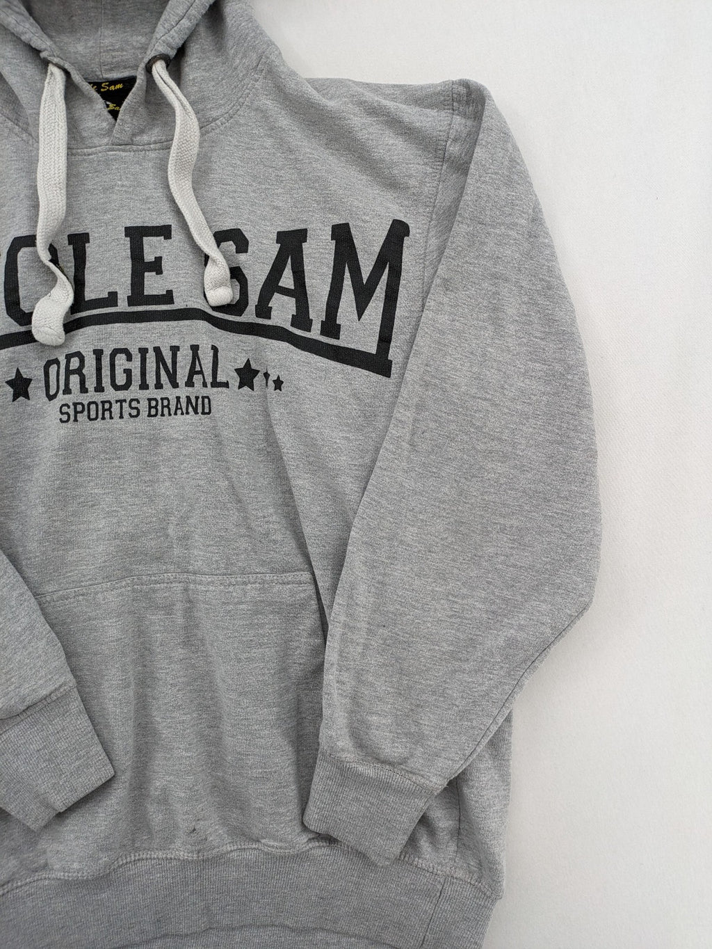 Uncle Sam grey hoodie with logo print, kangaroo pocket, and drawstring hood.