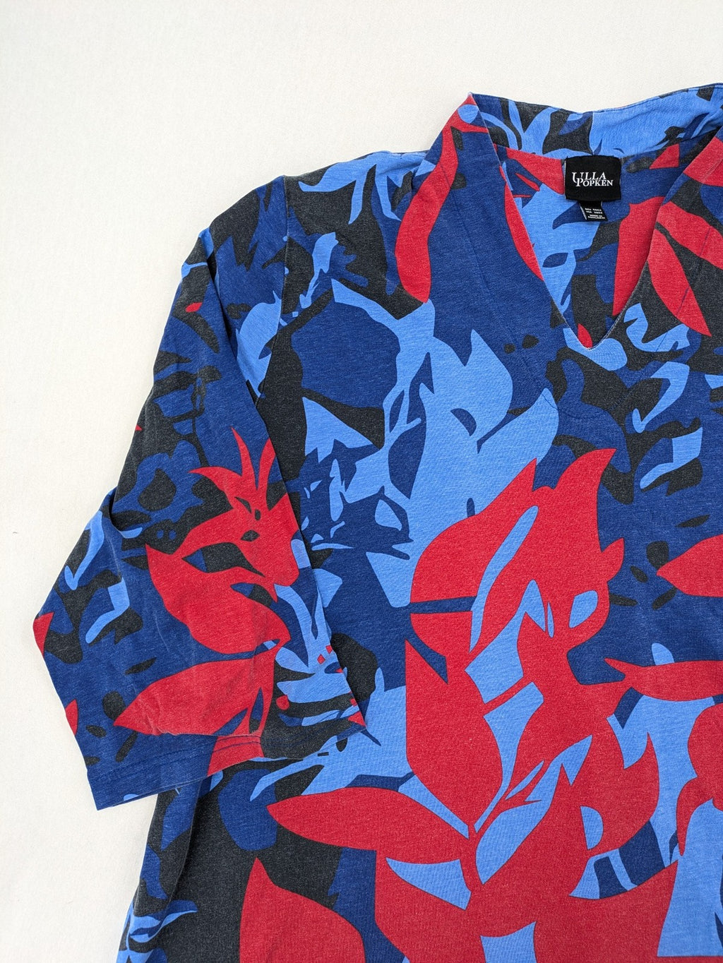 Ulla Popken blue top with floral print, V-neck, 3/4 sleeves, soft cotton blend.