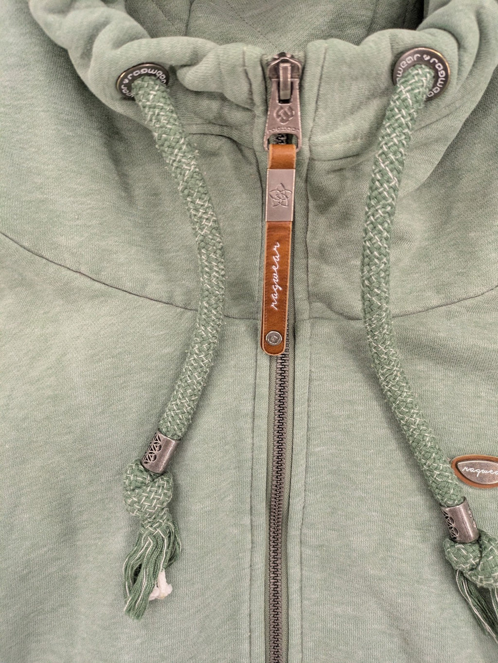 Ragwear grey hoodie jacket with high collar, thick drawstrings, and vegan materials.