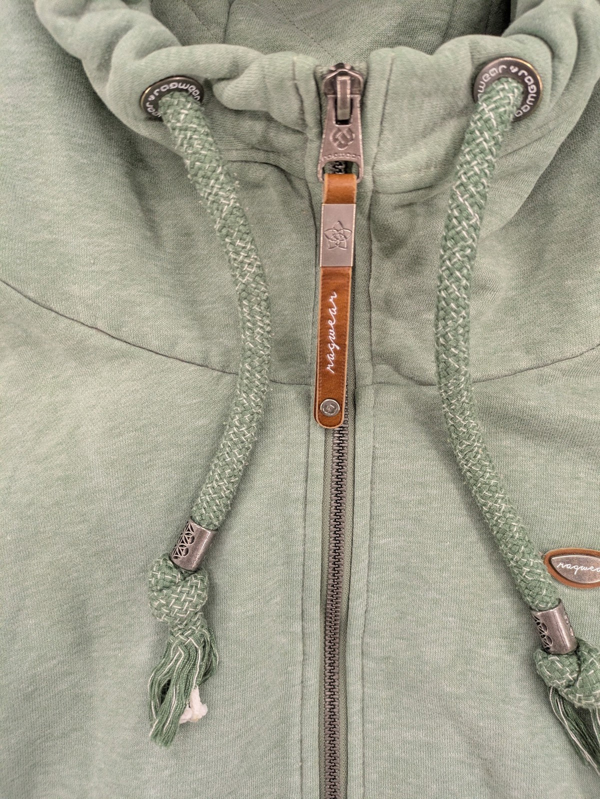 Ragwear grey hoodie jacket with high collar, thick drawstrings, and vegan materials.