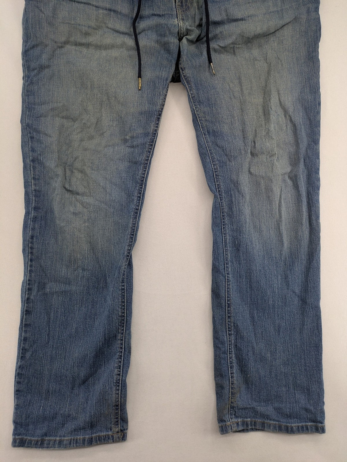 Wallbusch blue straight jeans with elastic waistband, drawstring, and breathable linen blend.